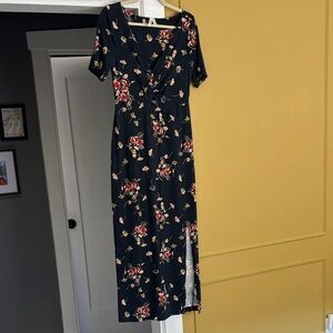 Pact organic cotton Navy Floral Long Dress - twist front and peek cutout